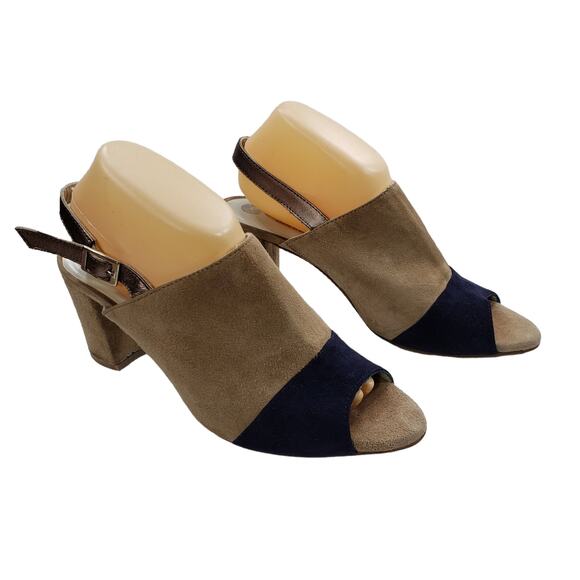 Eric Michael 10 Suede Leather Slingback Heels Womens Tan Black Block 3" Open Toe - Picture 1 of 11
